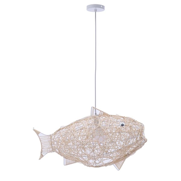 OUKANING 24.4 in. 1-Light Beige Modern Pendant Light with Wicker Rattan Fish Shade for Living Room Dining Room, Bulb Included