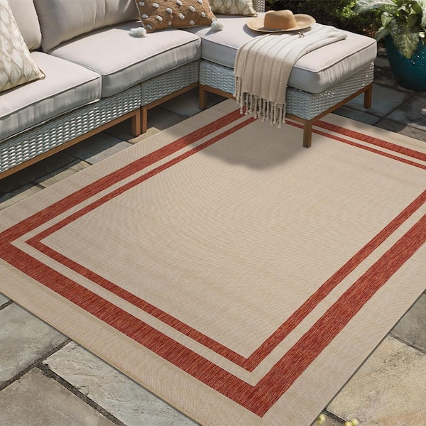 Flatweave Chili Double Border 5 ft. x 7 ft. Indoor/Outdoor Area Rug