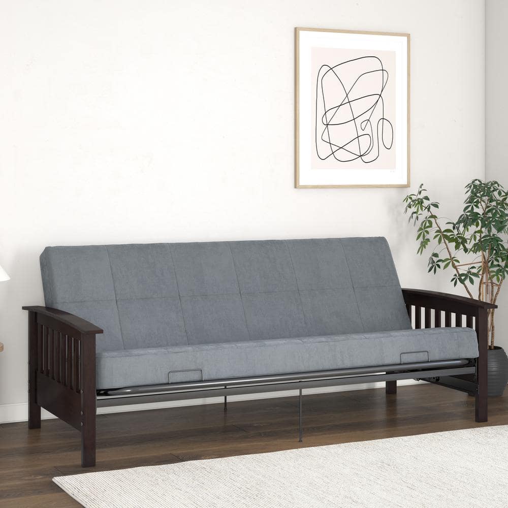 REALROOMS Elbi Full Size Wood Arm And Black Metal Futon Frame, Brown ...