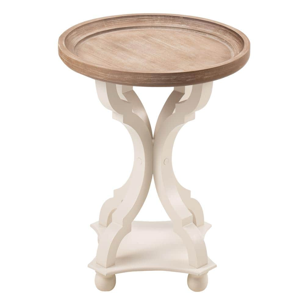 FUIN Farmhouse 25 in. Natural Brown Wood Tray Top Round End Table with Crossed Legs (18.9 in. W x 18.9 in. D x 25 in. H), Natural Brown with White