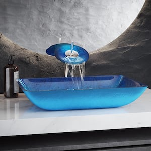 Cascade Glass Rectangular Vessel Sink in Ocean Blue with Faucet