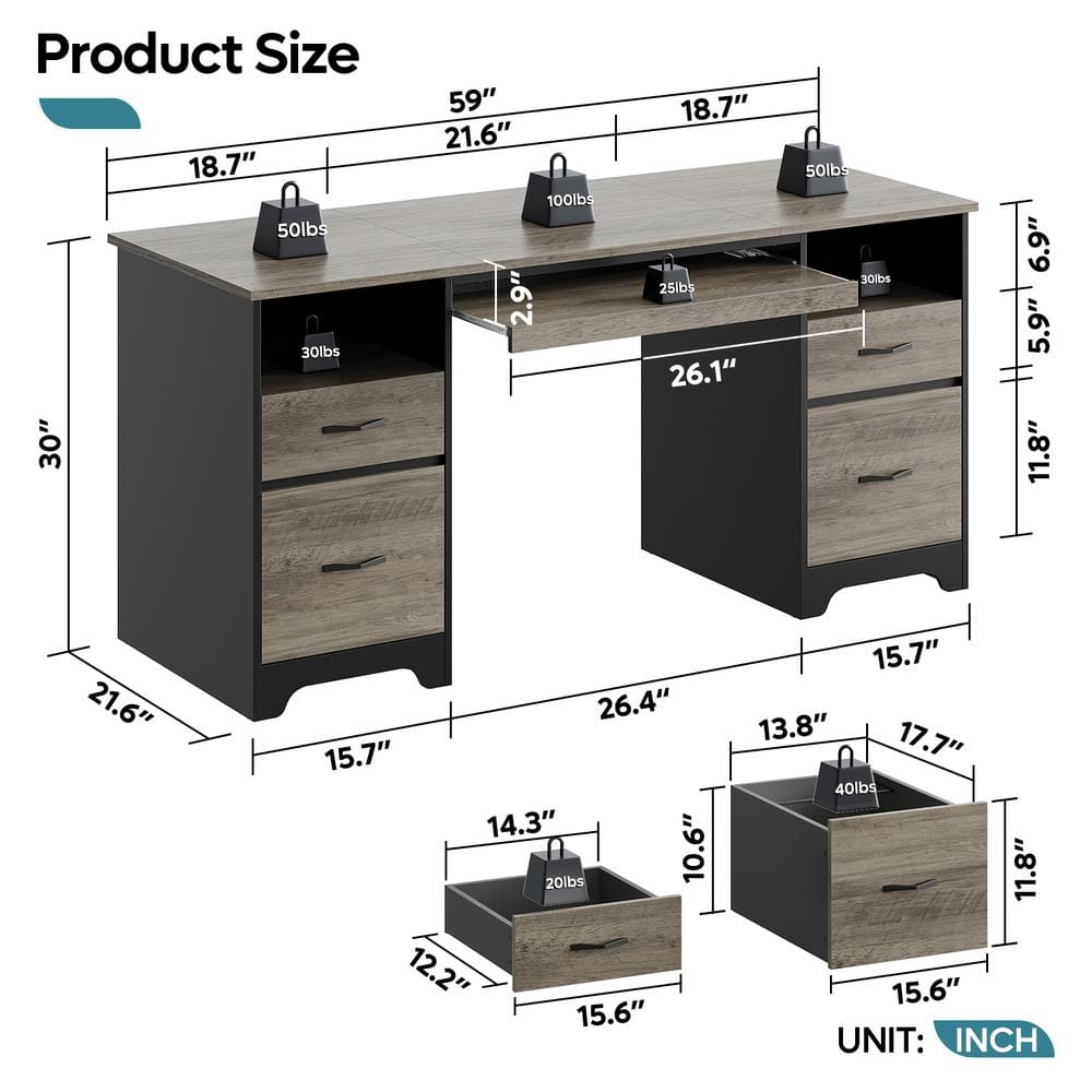 Gray Particle Board Executive Desk with Drawers and Keyboard Tray
