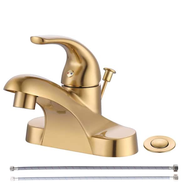 VEVETTA Modern 4 in. Centerset Single Handle Bathroom Faucet, Low Arc Basin Faucet with Lift Rod Drain Kit in Brushed Gold