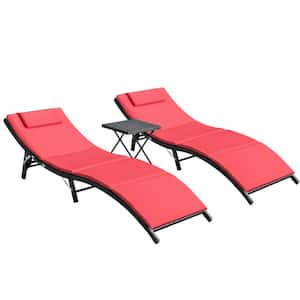 3-Picese Steel Frame Poolside Folding Height Adjustable Wicker Outdoor Lounge Chair with Red Cushion (Set of 2)