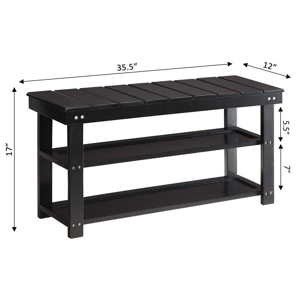 Black Wood Utility Bench with Storage Shelves