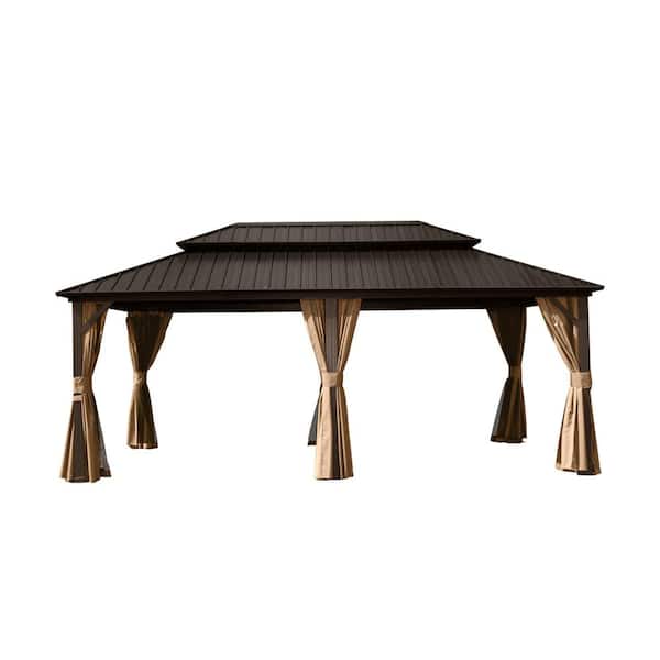 12 ft. x 18 ft. Outdoor Brown Aluminum Hardtop Gazebo with Galvanized Steel Double Roof with Curtain and Netting