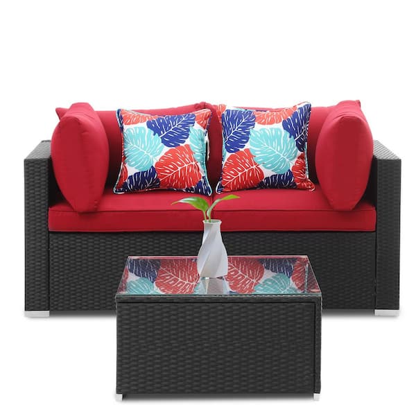 OVASTLKUY Black 3-Piece Rattan Outdoor Patio Furniture Set with Coffee Table and Red Cushion