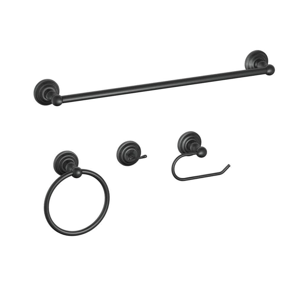 deveral 4-piece bath hardware set with towel ring, toilet paper holder, robe hook and 24 in. towel bar in matte black