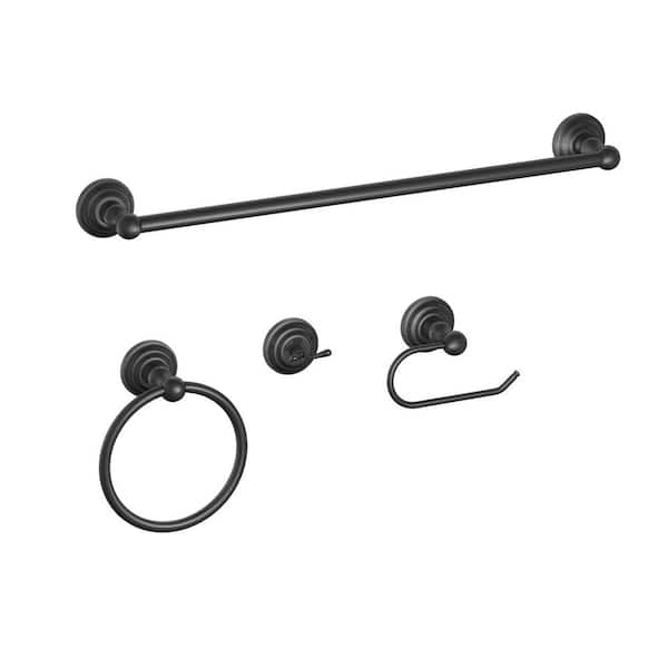 Glacier Bay Deveral 4-Piece Bath Hardware Set with Towel Ring, Toilet Paper Holder, Robe Hook and 24 in. Towel Bar in Matte Black
