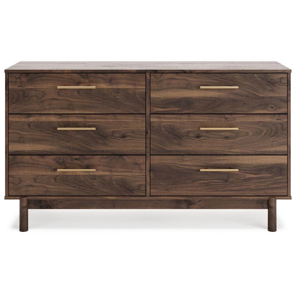 Dark Brown 6-Drawer Walnut Wood Dresser with Goldtone Handles