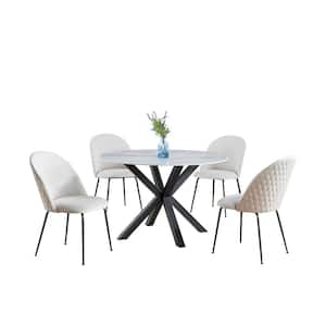 Martina 5-Piece White Round Marble Wrap Glass Top Iron Metal Frame Dining Set with 4 Cream Velvet Fabric Chairs