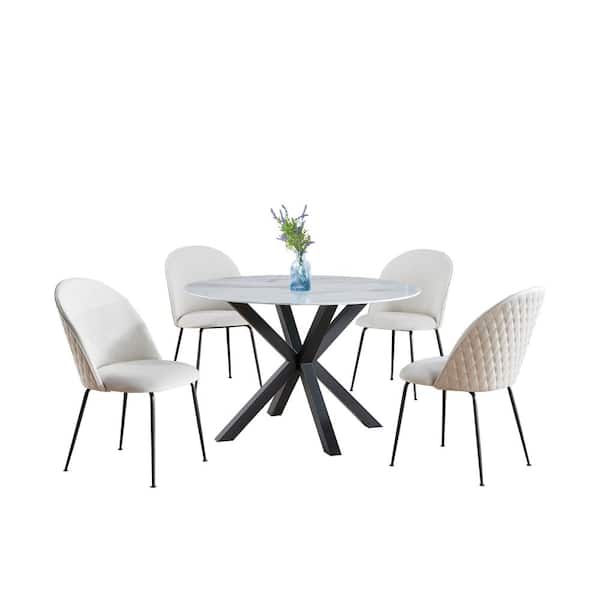 Best Quality Furniture Martina 5-Piece White Round Marble Wrap Glass Top Iron Metal Frame Dining Set with 4 Cream Velvet Fabric Chairs