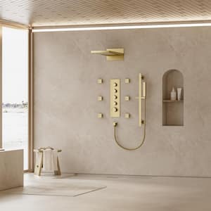 Thermostatic 15-Spray 22 in. Rectangle Wall Mount Rainfall and Waterfall Shower System with Valve in Brushed Gold