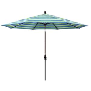 11 ft. Bronze Aluminum Market Patio Umbrella with Crank Lift in Seville Seaside Sunbrella