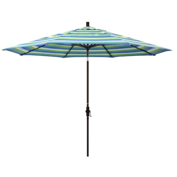 California Umbrella 11 ft. Bronze Aluminum Market Patio Umbrella with Crank Lift in Seville Seaside Sunbrella