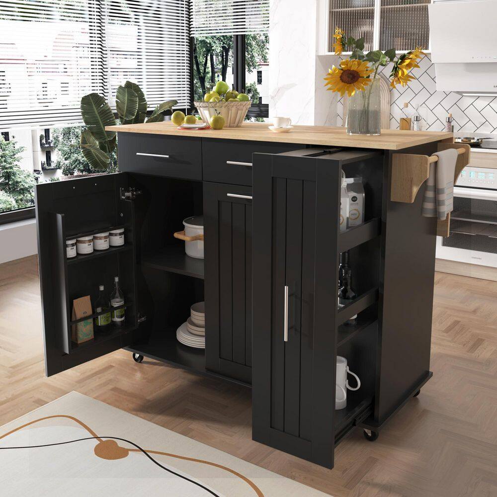 Black Rubber Wood Kitchen Cart with Drop Leaf and 3 Tier Pull Out Cabinet Organize price history on PriceWatchPro