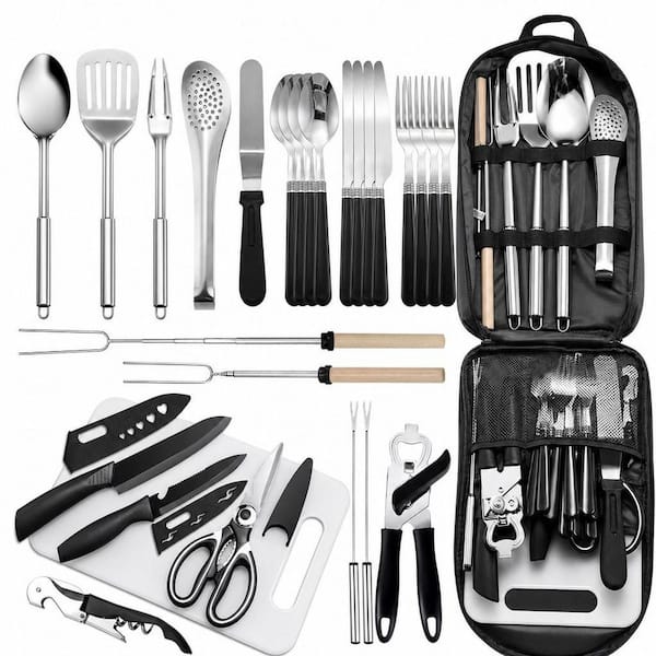 27-Piece Stainless Steel Outdoor Cookware Set in Black, Portable Camping Kitchen Utensil Set, Grilling Utensil Set