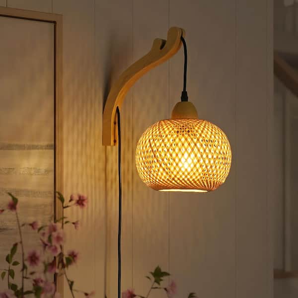 Kitchen Island 7.9 in. 1 Light Wood Base Plug in Wall Sconces with Bamboo Shade, Rustic Adjustable Height Wall Lamp