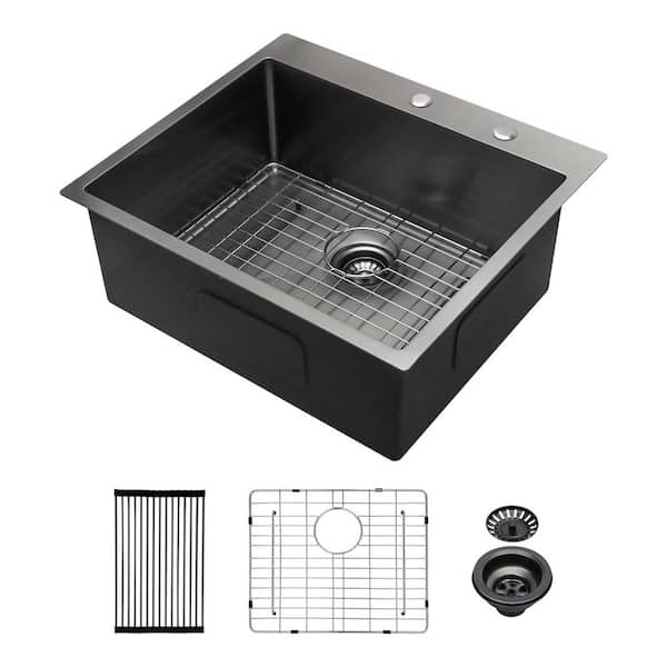 25 in. Drop-in Single Bowl 16 Gauge Gunmetal Black Stainless Steel Kitchen Sink with Drain
