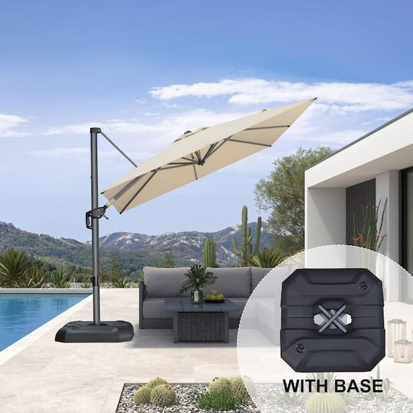 8 ft. Square Aluminum Outdoor Cantilever Patio Umbrella Offset 360° Rotation Umbrella with Base, in Beige