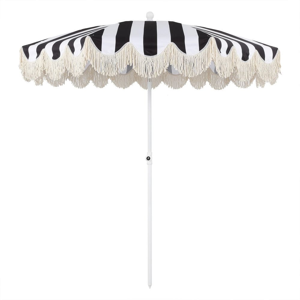 Mariner 6.5 ft. Classic Cottage Fringe Tassel Market Beach Umbrella in Black and White Stripe/Cream, White Pole price history on PriceWatchPro