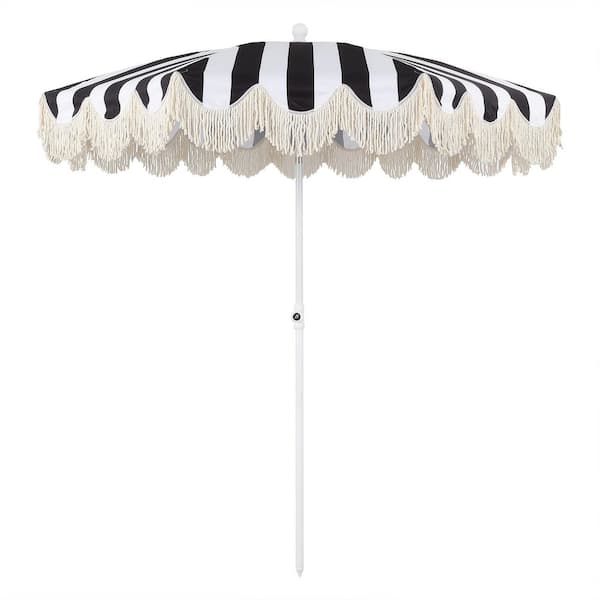 Mariner 6.5 ft. Classic Cottage Fringe Tassel Market Beach Umbrella in Black and White Stripe/Cream, White Pole
