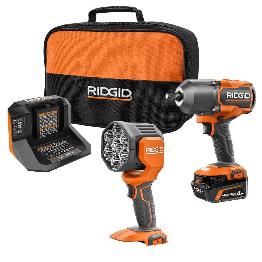 18V Brushless Cordless 2-Tool Combo Kit with High-Torque Impact Wrench, LED Spotlight, 4.0 Ah Battery, and Charger -  RIDGID, R86212KR8699