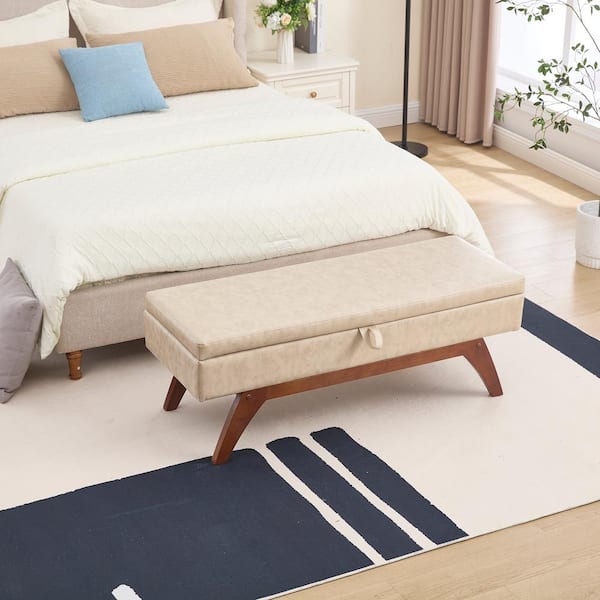 Noble House Horizon Camel Modern Upholstered PU Leather Storage Ottoman, Solid Wood Legs