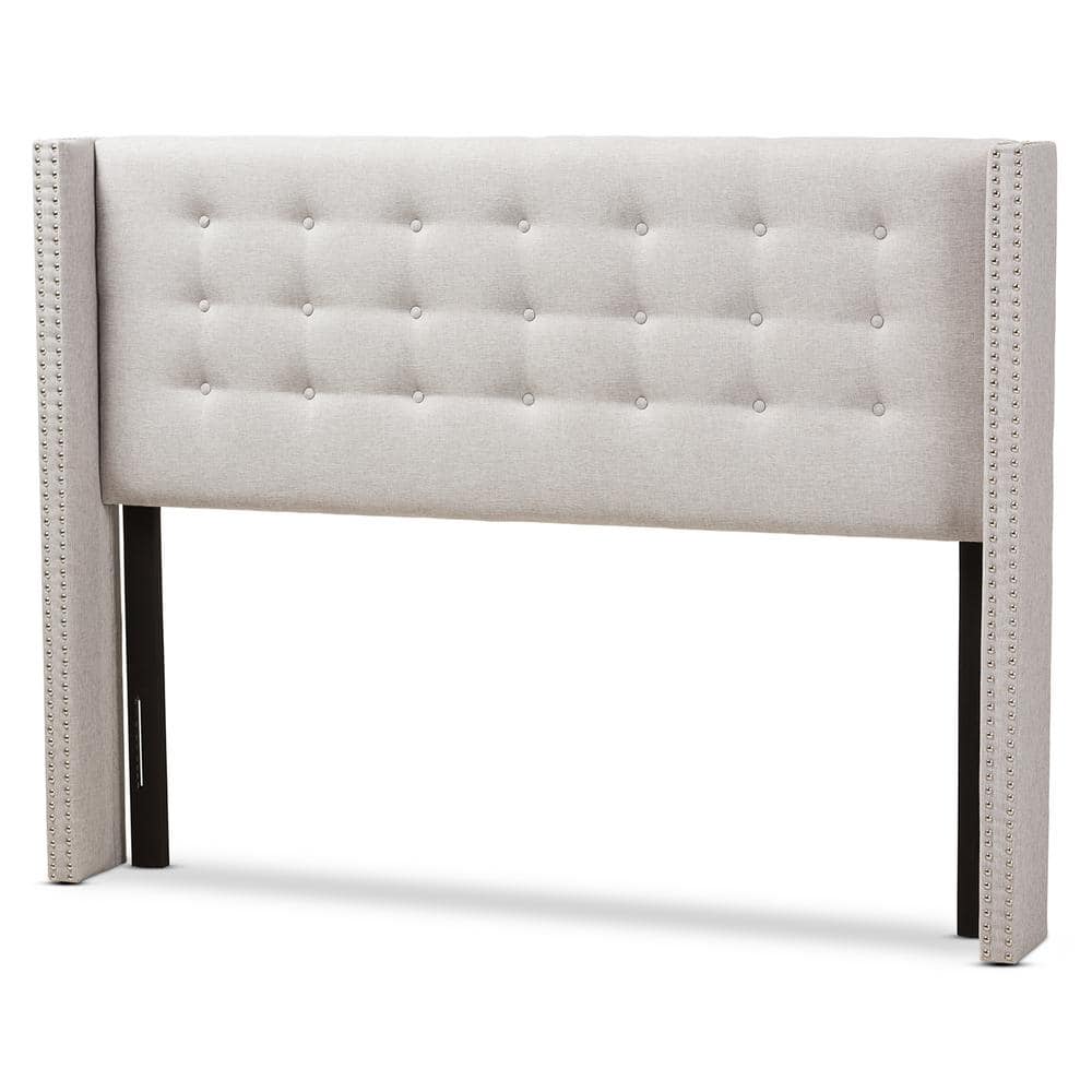 Beige Tufted Upholstered Full Wingback Headboard with Nailhead Trim