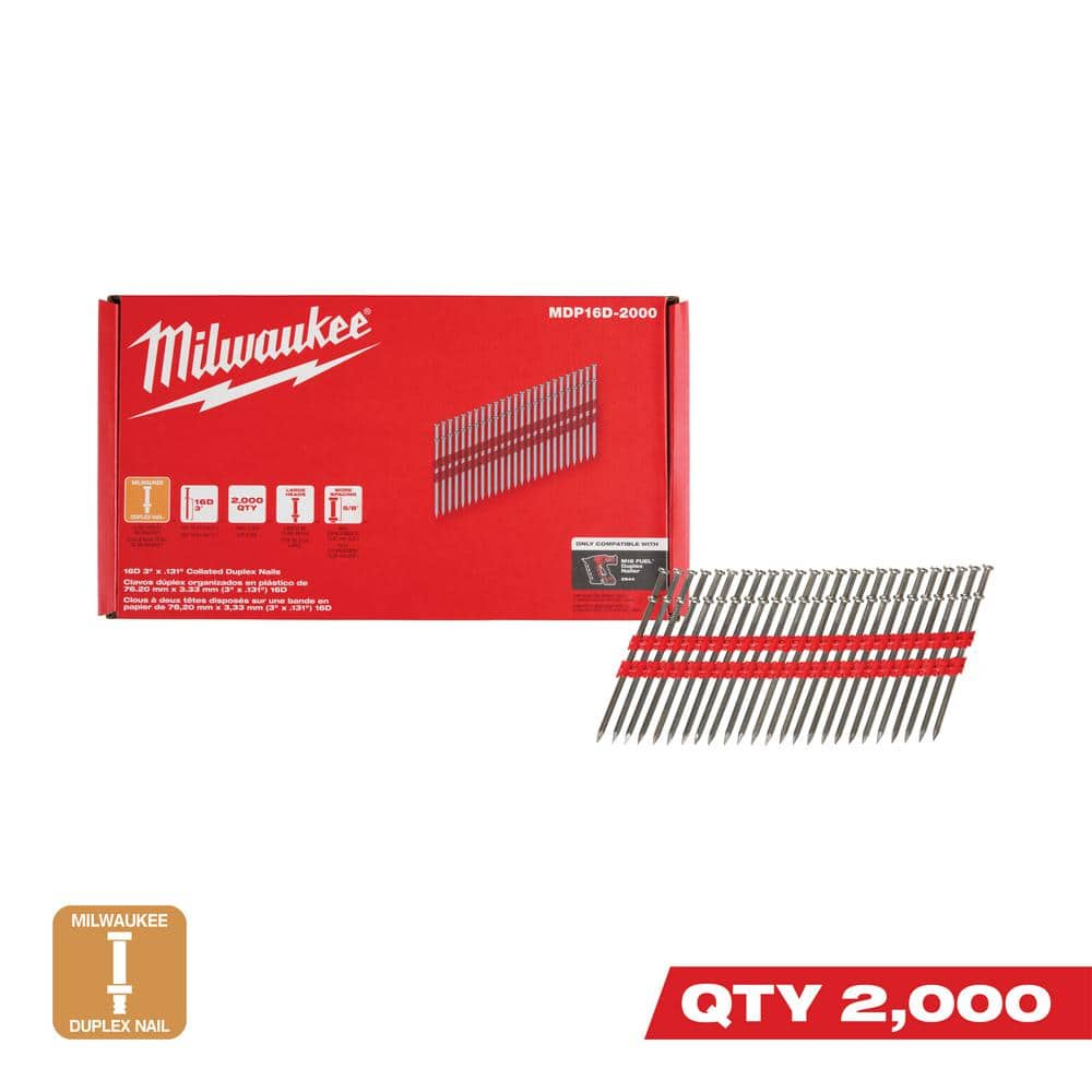 Milwaukee 16D 3 in. x .131 in. Collated 21-Degree Duplex Nails for M18 ...