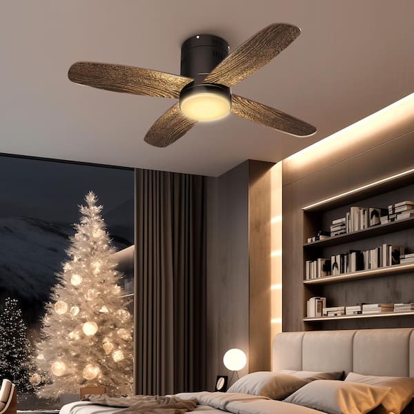 36 in. Smart Indoor LED Dimmable Wood Low Profile Flush Mount Ceiling Fan with Light Kit and Remote Control App Control