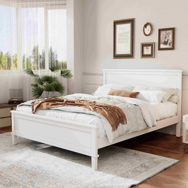 White Wood Frame King Platform Bed with Headboard and Wood Slat Support