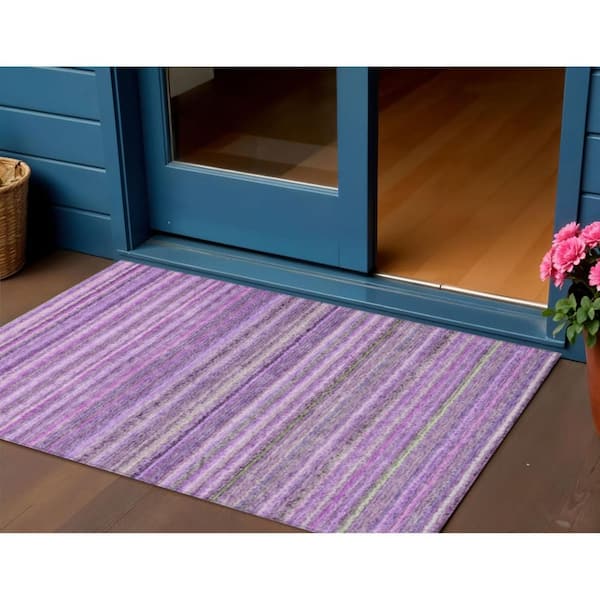 Purple, Eggplant, Lilac 3 ft. x 5 ft.  Woven Striped Polyester Rectangle Indoor / Outdoor Area Rug