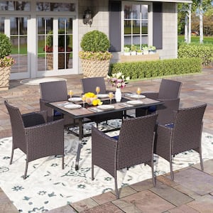 Black 7-Piece Metal Patio Outdoor Dining Set with Geometric Rectangle Table and Rattan Chairs with Blue Cushion