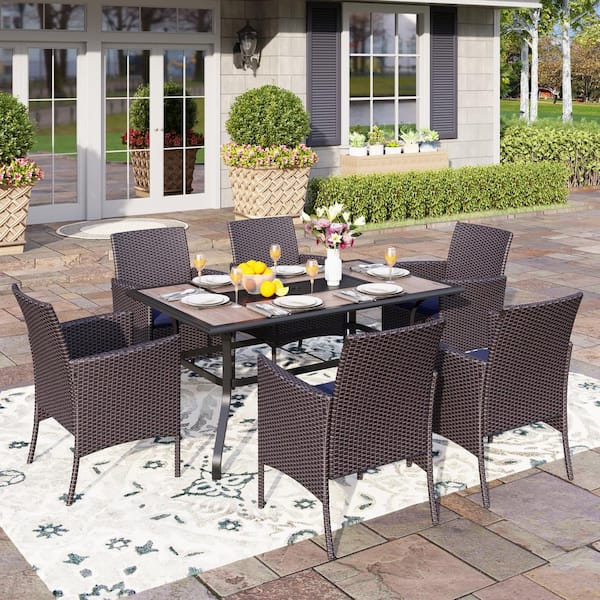 PHI VILLA Black 7-Piece Metal Patio Outdoor Dining Set with Geometric Rectangle Table and Rattan Chairs with Blue Cushion