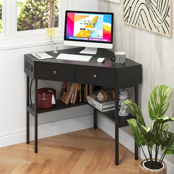 Costway 39.5 in. Black 2-Drawers Corner Computer Desk