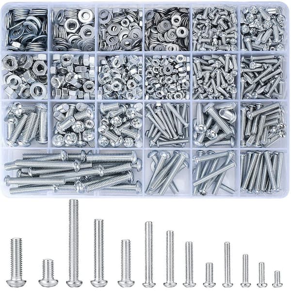 Silver Carbon Steel Screws Bolts and Nuts Assortment Kit with Nuts and Bolts and Flat Washers (1080-Pack)