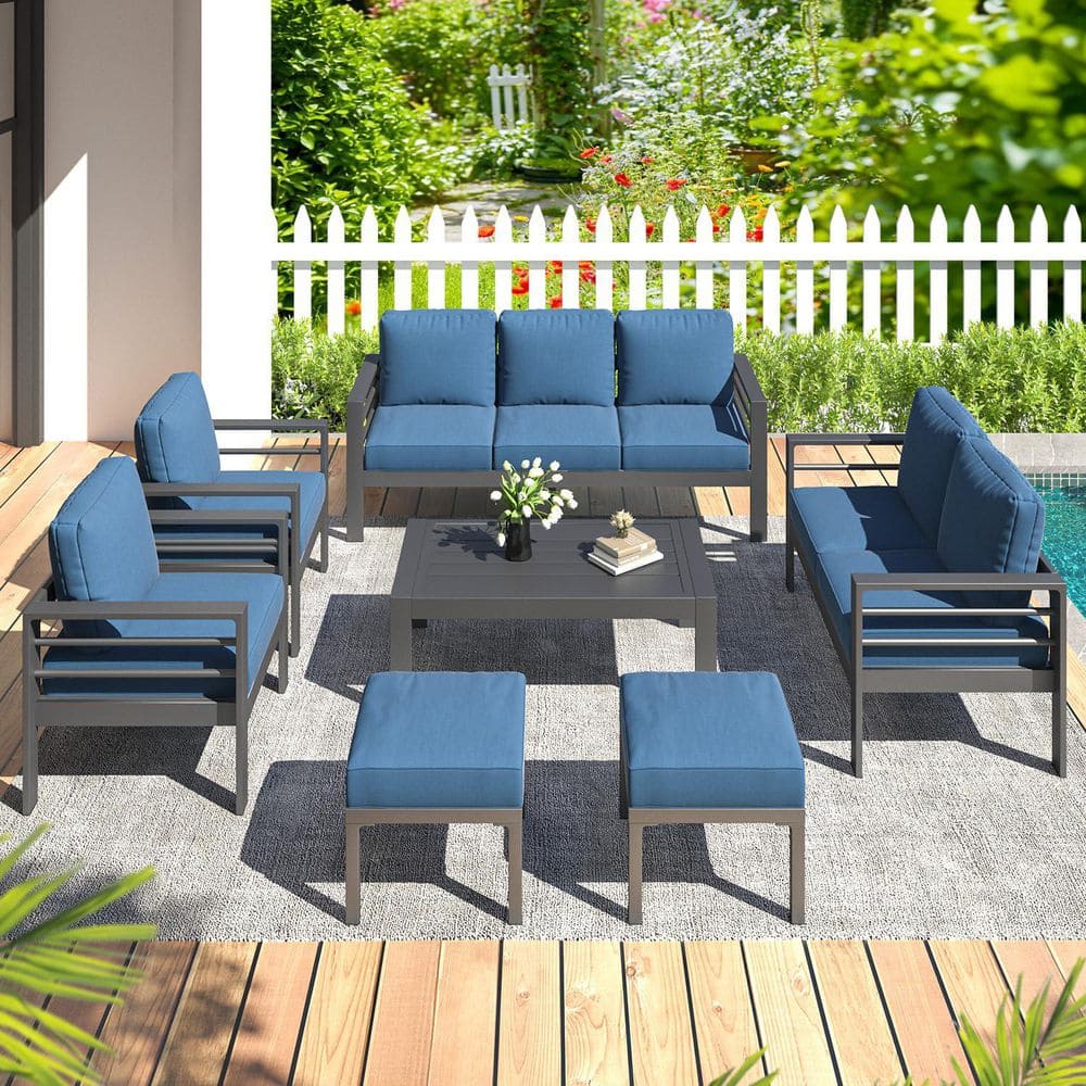 7-Piece Black Aluminium Patio Conversation Set with Blue Cushions and Table price history on PriceWatchPro