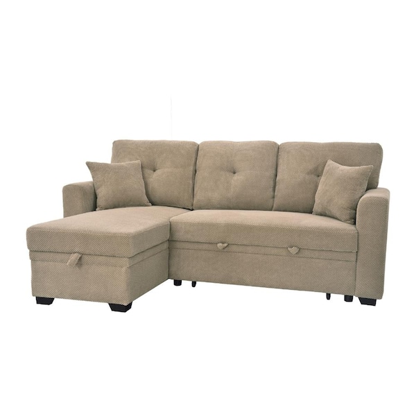 71 in. Camel Polyester Twin Size Sofa Bed with Pull-Out Sleeper, Reversible Chaise and Storage