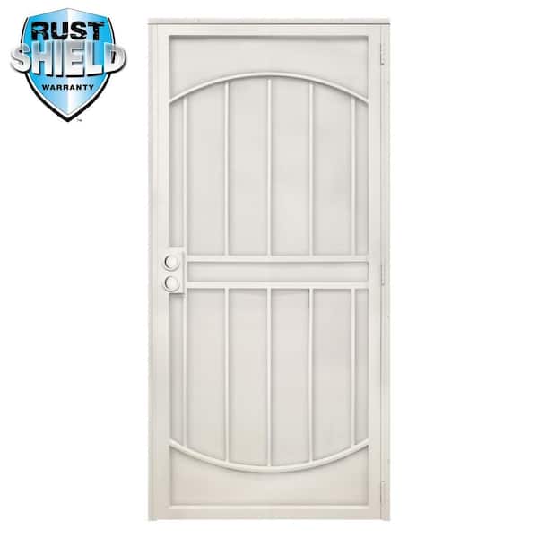 Unique Home Designs 32 in. x 80 in. Arcada Rust Shield Navajo White Surface Mount Outswing Steel Security Door with Expanded Metal Screen