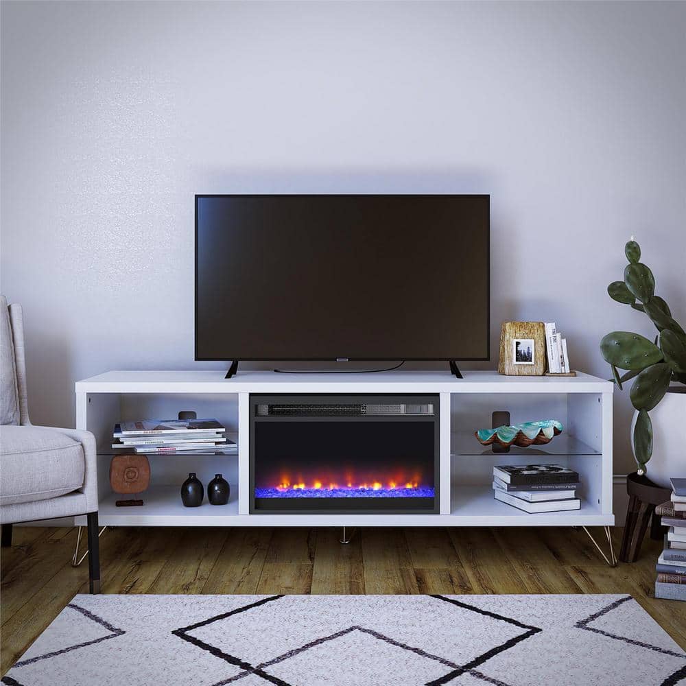 Finley 70" White Electric Fireplace TV Stand with Glass Shelves