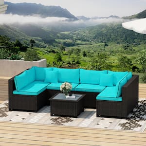 Outdoor Black 7-Piece Wicker Outdoor Patio Conversation Seating Set with Blue Cushions