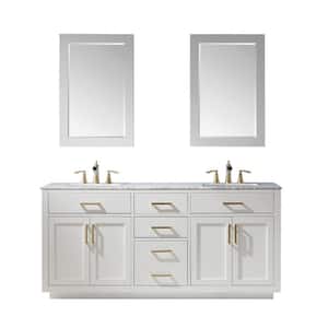 Ivy 72 in. Double Bathroom Vanity Set in White and Carrara White Marble Countertop with Mirror