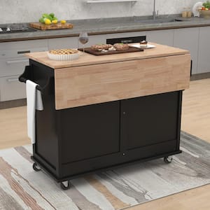 Black Rubber Wood Flodable Drop-Leaf Countertop 52.2 in. W Kitchen Island with Concealed Sliding Barn Door, Drawers