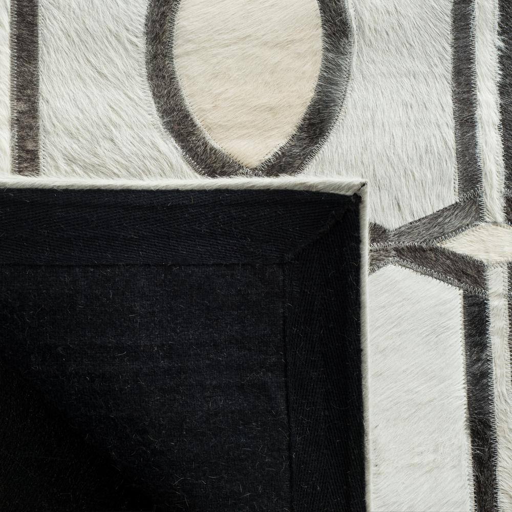 Ivory and Gray Hand-Knotted Geometric Cowhide Rug