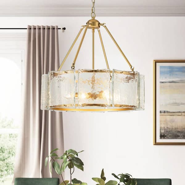 Aspen 5-Light Modern Gold Cylinder Drum Textured Glass Chandelier for Dining Room