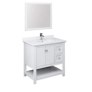 Manchester 36 in. W Bathroom Vanity in White with Quartz Stone Vanity Top in White with White Basin and Mirror