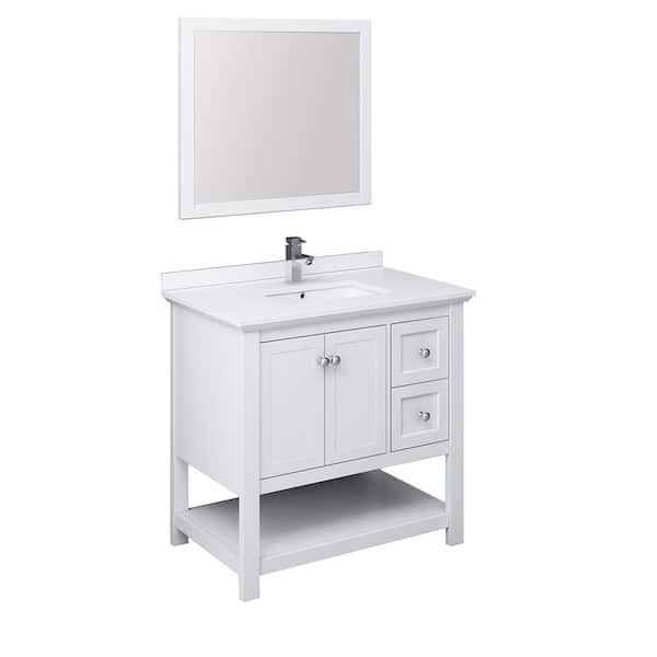 Fresca Manchester 36 in. W Bathroom Vanity in White with Quartz Stone Vanity Top in White with White Basin and Mirror