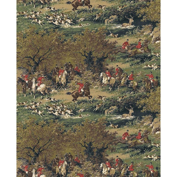 30.75 sq. ft. Olive & Midnight Taunton Hunt Scene Vinyl Peel and Stick Wallpaper Roll