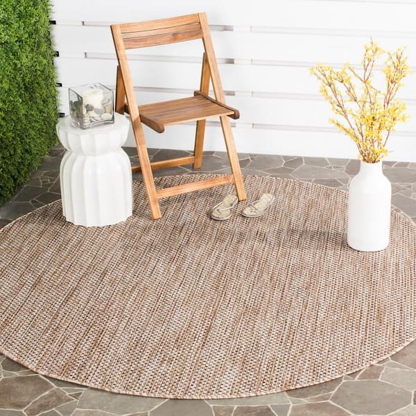 Courtyard Natural/Black 8 ft. x 8 ft. Solid Distressed Indoor/Outdoor Patio  Round Area Rug